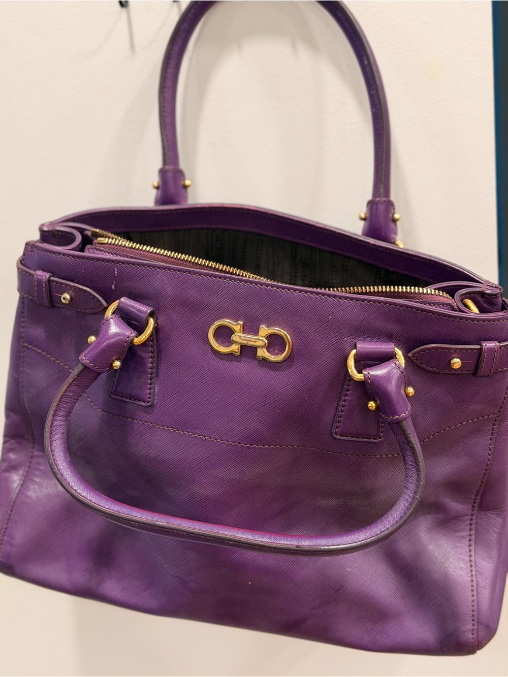 Salvatore Ferragamo Purple Leather Satchel with Gold Hardware